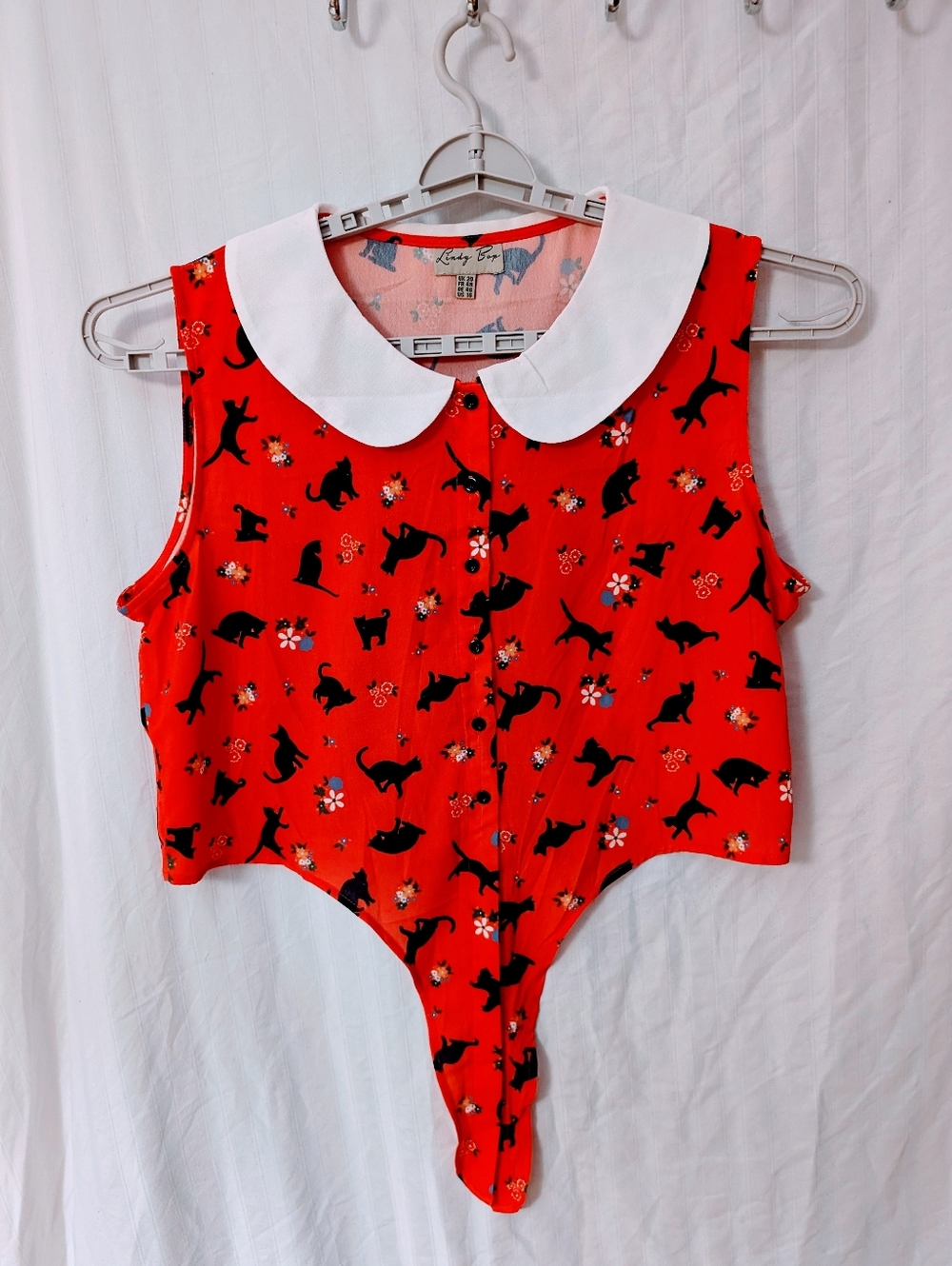Modcloth Lindy Bop Red Orange Tie Front Crop Black Cat Peter Pan Collar 16 1x XL
